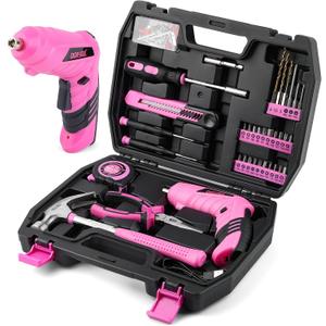 DOWELL 116Pcs Pink Tool Kit with 3.6V USB Cordless Screwdriver, Small Drill Set for Women, Girls