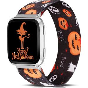 TOYOUTHS Elastic Halloween Band - Compatible with Fitbit Versa, Versa 2 & Lite - Stretchy Fabric Nylon Holiday Decoration Strap - Women's Small (Black Pumpkin)