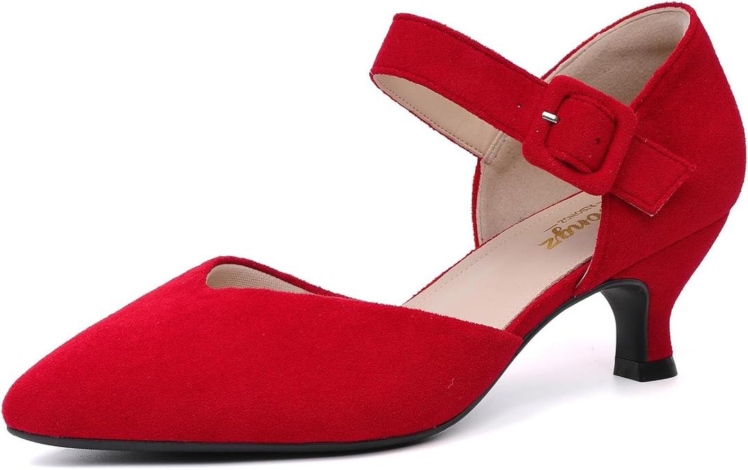 RIBONGZ Comfortable Kitten Heels for Women Pointed Closed Toe Ankle Strap Buckle Heels Slip on Low Heel Church Pumps Wedding Bridal Party Dressy Shoes (9.5, Red)