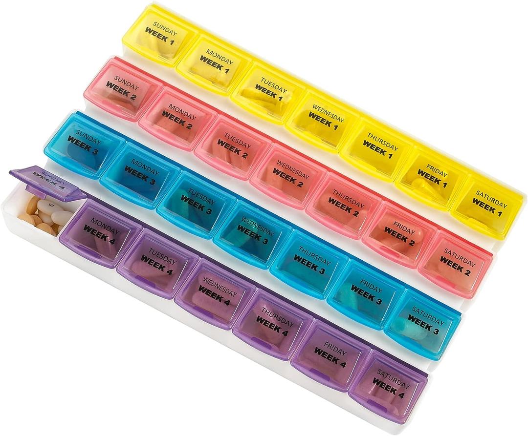 Monthly Pill Organizer - 28 Day Monthly Pill Planner to Separate Pills & Vitamins Week to Week, Travel Medication Reminder Daily Monday to Sunday Compartments