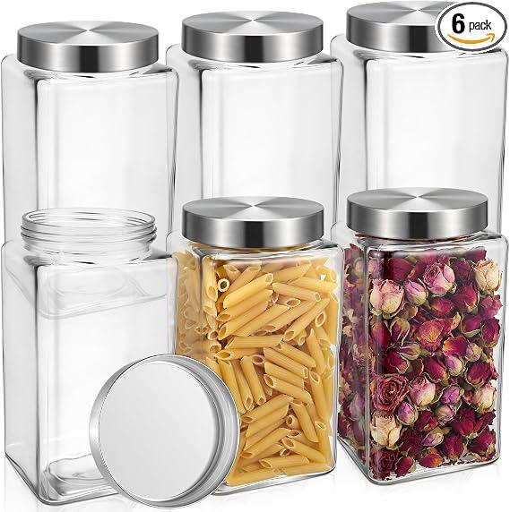LemonRoad 6 Pack 68 oz Square Glass Jars with Lids Wide Mouth Kitchen
Stainless Steel Lids Airtight Seal, Food Containers for Flour Sugar Coffee Rice Tea Spices Herbs, Clear Pantry Storage