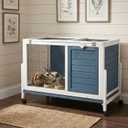 Large Indoor Rabbit Hutch Wooden Bunny Rabbit Cage 2-Story with Run Caster Waterproof No-Leak Pull-Out Tray Ramp Wheel for Guinea Pig Small Medium Animal Wood Pet House Home Blue & White 37