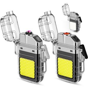 2 Pack Waterproof Lighter of 3 Modes Windproof Flashlight, Dual Arc Plasma Lighter, Flameless, Electric USB Rechargeable for Camping, Hiking, Outdoor Survival Gifts for Men