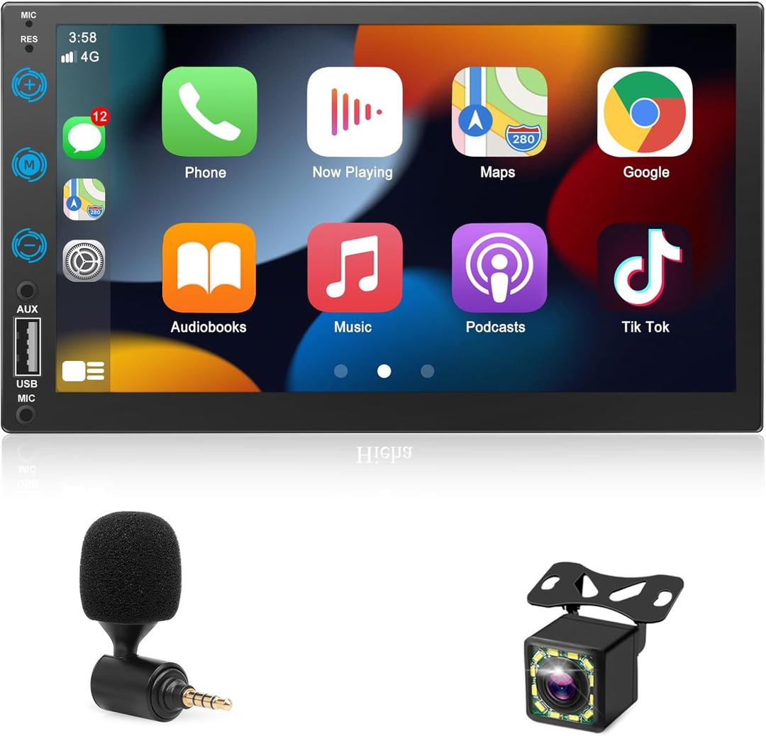 eleacc Car Stereo Compatible with Apple CarPlay, Double Din 7In Full Touch HD Capacitive Screen - Bluetooth, Backup Camera, Steering Wheel Controls, Subwoofer, Mirror Link, AM/FM Car Radio, H901