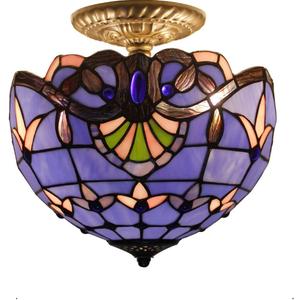 WERFACTORY Tiffany Ceiling Light Fixture Blue Purple Baroque Stained Glass Semi Flush Mount Lamp Wide 12 Inch, Height 11 Inch S003C Series