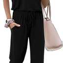 MASCOMODA 2 Piece Outfits for Women 2025 Summer Casual Quarter Zip Short Sleeve Tops Long Pants Tracksuit Jogger Lounge Sets (S, Black)