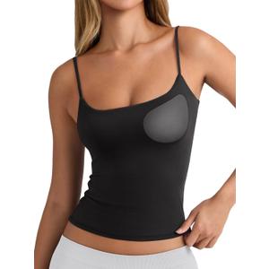 PINKMSTYLE Tank Tops for Women Built in Bra Backless Basic Double Lined Summer Spaghetti Strap Sleeveless Cami Workout Shirts (Black, M)