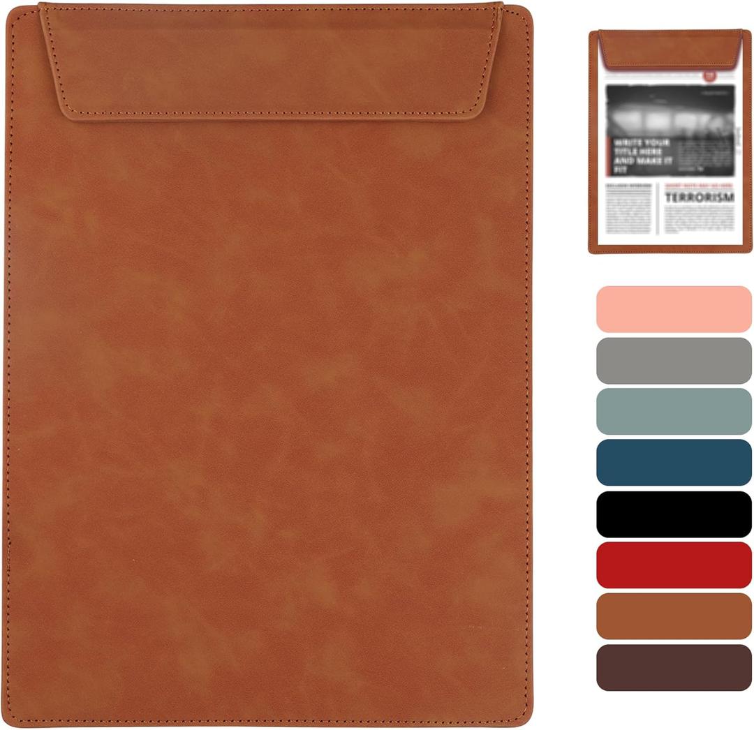 Magnetic Leather Clipboard with Pen Holder - Pink Clipboard for Office Supplies, 8.5x11 Clip Board, Premium Clip Boards, A4 Size Slim Professional Writing Board (Brown) (9*12inch)