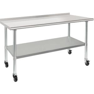 HARDURA Stainless Steel Table 30 x 60 Inches with Wheels Casters NSF Heavy Duty Commercial Prep Table with 2 Backsplash and Adjustable Undershelf for Restaurant Kitchen Home and Hotel