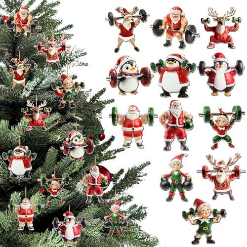 Syhood 36 Pcs Gym Christmas Ornaments Santa Weightlifter Ornament Funny Gym Dumbbell Fitness Weight Lifting Christmas Tree Wood Hanging Decoration Xmas Holiday Weightlifters Gifts, 12 Styles