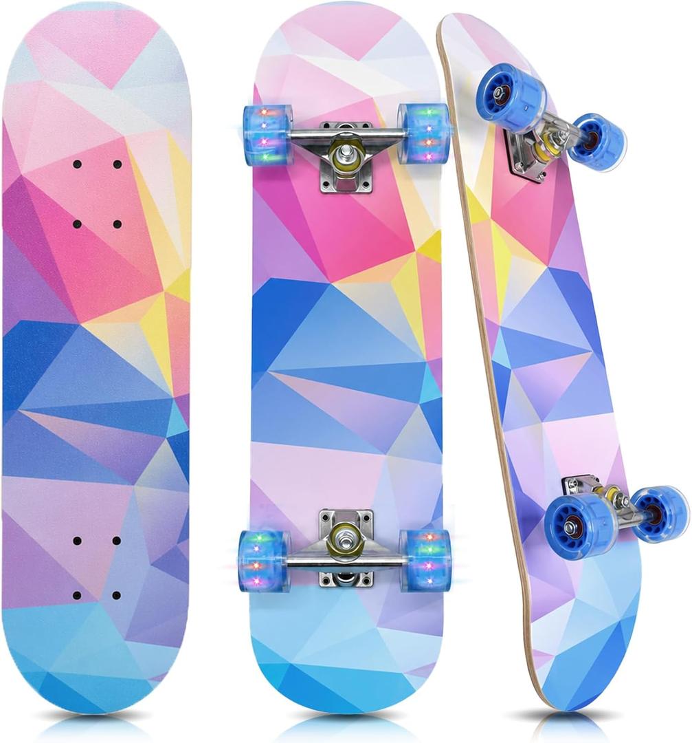 Complete Skateboard for Kids, Girls, Boys, Beginners, Teens, 7 Layer Maple Deck Standard Skateboard with 90A PU Wheels, 31" x 7.8" Double Kick Concave Skate Board with T-Tool