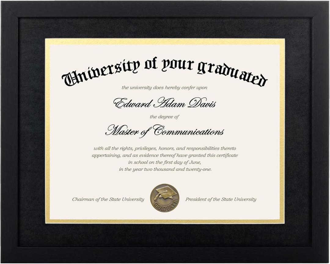 Upsimples 11x14 Diploma Frame Certificate Degree Document Frame with High Definition Glass, 8.5 x 11 with mat for Wall and Tabletop, Black & Gold Double Mat, 1 Pack