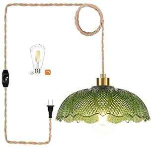 QIYIZM Plug in Pendant Light Hanging Lights with Plug in Cord Boho Hanging Lamp Dimmable Gold Glass Mid Century Modern Green Vintage Plug in Chandelier Ceiling Fixture for Living Room,Bedroom,Kitchen