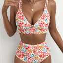 Herseas Women's 2 Piece Floral Print Bikini Sets V Neck Stitch Swimsuits High Waisted Bathing Suit Beach Summer Swimwear (L)