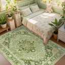 RELEANY Area Rugs 9'x12' Washable Non-Slip, Floral Vintage Distress Print Pattern Medallion Carpet for Living Room Bedroom Dining Room, Sage Green Yellow