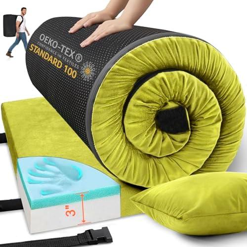 Airpanda Memory Foam Camping Mattress Sleeping Pad, 3" Thick Waterproof Portable Roll Up Sleeping Mats & Floor Mattress Pad with Pillow + Travel Bag for Camping Car Truck SUV Tent Sleepover Kids Adult Size: Cot: 72"x24"x3"