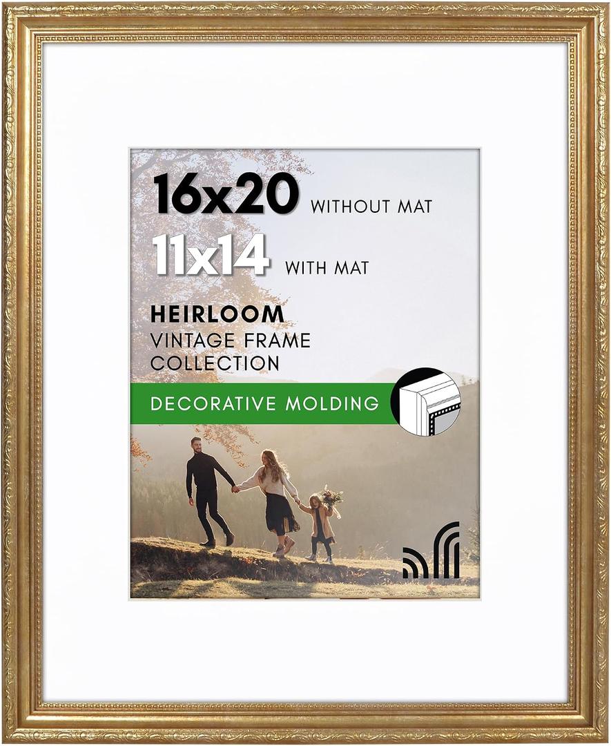 Americanflat 16x20 Picture Frame with Polished Plexiglass - Use as 11x14 Frame with Mat or Display 16x20 Photo Without Mat - Ornate Picture Frames for Wall Display - Gold