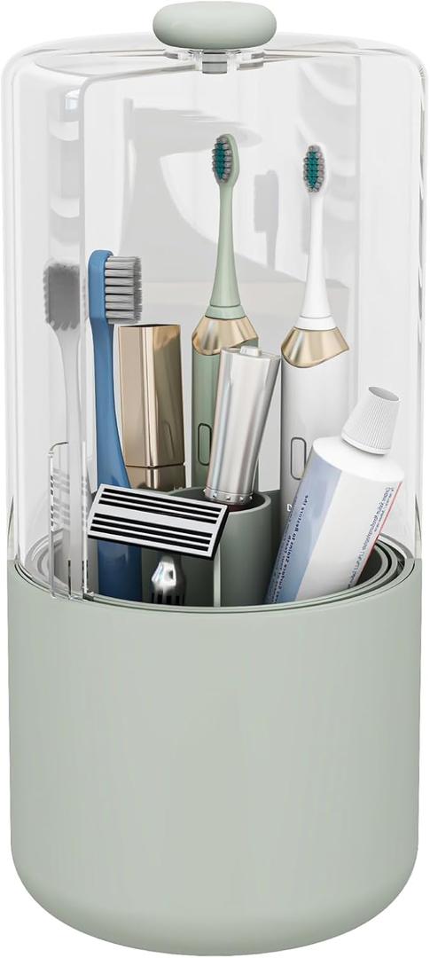 YOOLENS Toothbrush Holder with Cover 360 Rotating 4 Compartments Bathroom Toothpaste Electric Toothbrush Organizer, Light Green