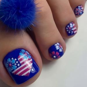 4th of July Press on Toenails Short Square WLGDLH Blue Toenail Press ons Glossy Fake Toe Nails Heart Flower Stripes False Toenails Full Cover Acrylic Glue on Toenail for Women 24Pcs