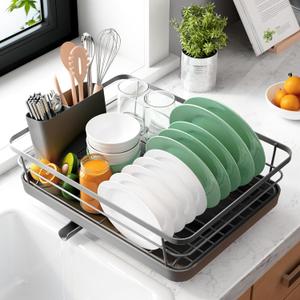 Kitsure Dish Drying Rack- Space-Saving Dish Rack, Dish Racks for Kitchen Counter, Stainless Steel Kitchen Drying Rack with a Cutlery Holder, 12''W x 15''L, Grey