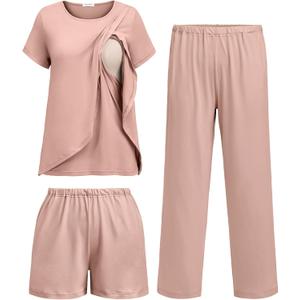 Ekouaer 3 PCS Maternity Nursing Pajamas Set Postpartum Breastfeeding Short Sleeve Shirts, Pregnancy Shorts & Pants Pjs, Medium, Pink