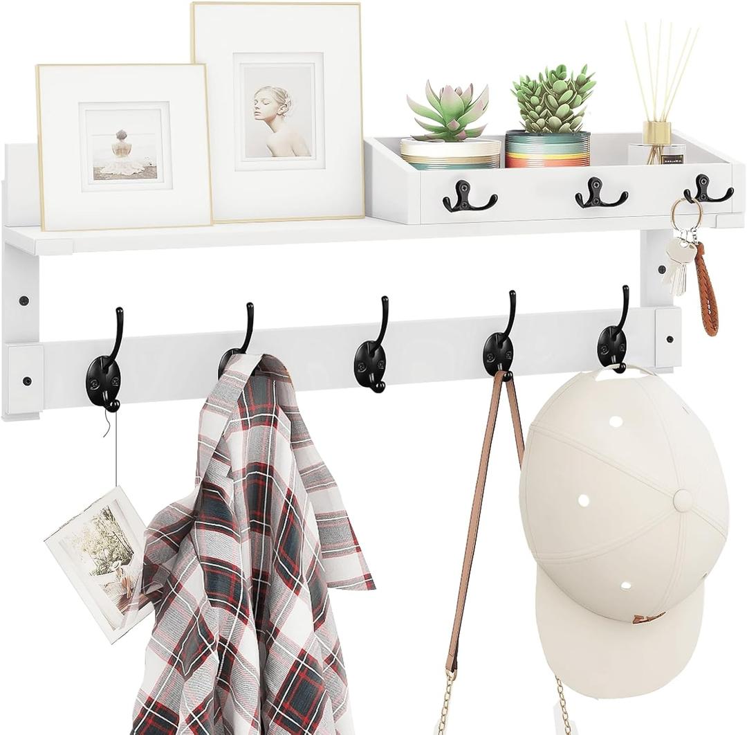 Homode Coat Rack Wall Mount with Hooks and Mail Holder, Entryway Floating Shelf with Key Hooks, Hanging Coat Hanger for Entry, Bathroom, Hallway, Bedroom, White