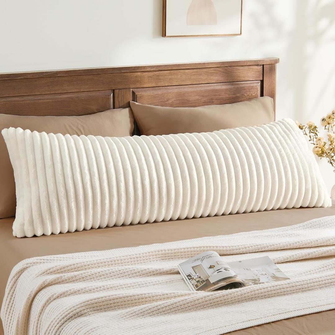 BEDELITE Fluffy Faux Fur Body Pillow Cover with Zipper, Luxury Plush 3D Striped Pillow Cover 20x54 Inches, Super Soft and Cozy Long Body Pillow Pillowcase for Bed Sofa Couch Room Decor(Bright White)