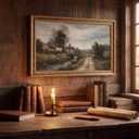 Vintage Country Cottage Canvas Wall Art(Countryside Wall Art, 16x24in, Framed) Rustic Countryside Stream And Stone Bridge Oil Painting Artwork For Living Room Bedroom Farmhouse Home Wall Decor