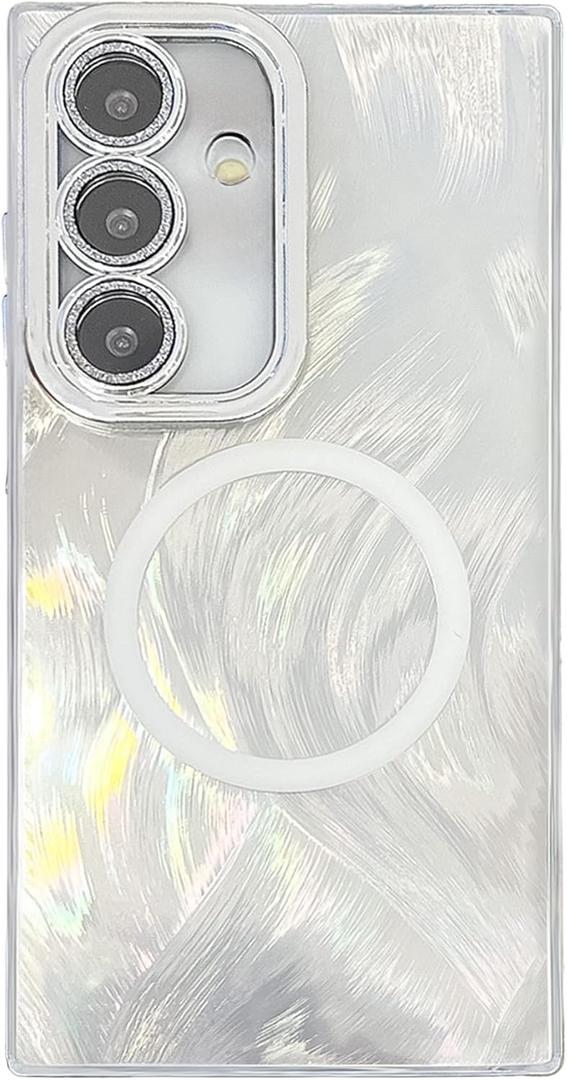 Tuokiou Magnetic for Samsung Galaxy S25 Case Holographic,Luxury Iridescent Glitter Silver Laser Plumage Design Phone Case for Women Girls (Silver, Samsung Galaxy S25 Plus)