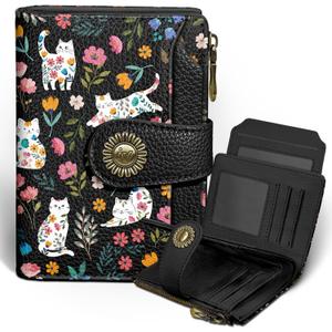 Icycay Flowers Cat Wallet Women Small RFID Blocking Bifold, Cute Credit Card Holder, Zipper Coin Pocket, PU Leather, Compact, Travel, 4 ID Window, 14 Card Slots, Cash Purse, Ladies Woman Female Girls