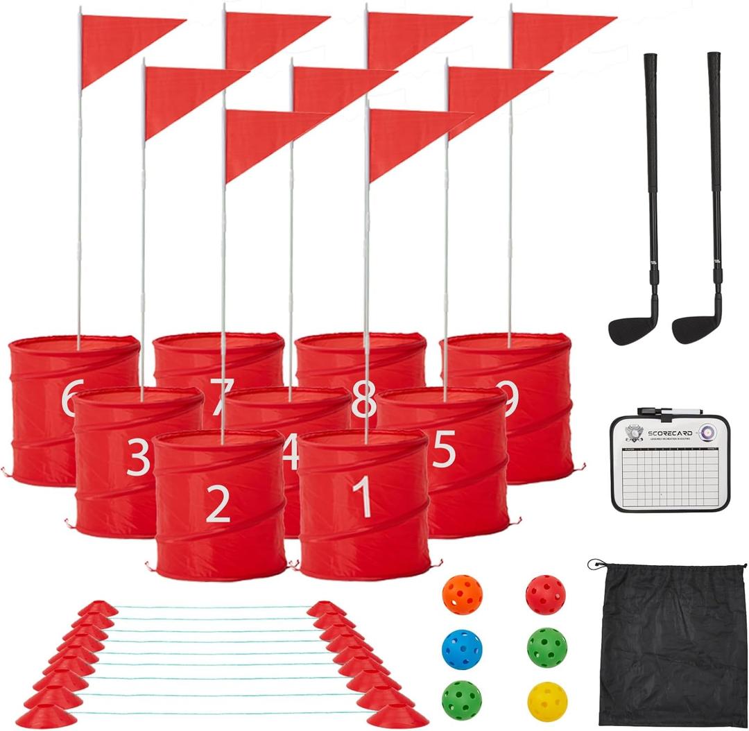 Yard Golf Game with Clubs 9 Hole Set Portable Low Tide Golf Game for Beach Backyard Lawn with 2 Golf Outdoor Indoor Golf Chipping Games for Adults Family Club Party(Red, 9 )