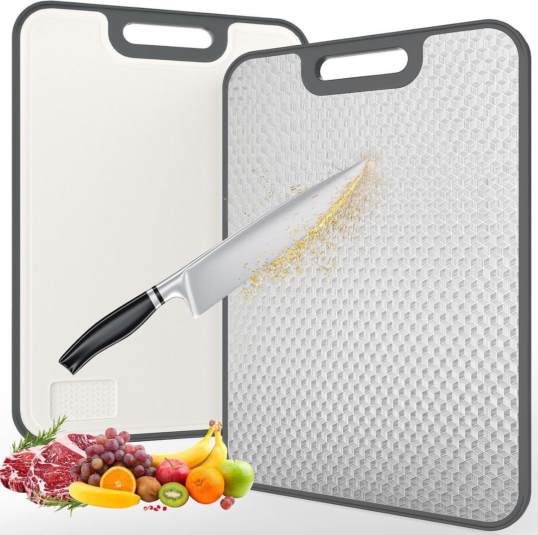 18/8 Stainless Steel Cutting Board, Large Double Sided Chopping Board for Kitchen (17x12"), Food-Grade 304 & Wheat Straw PP, Deep Juice Grooves, Non-Slip & Dishwasher Safe