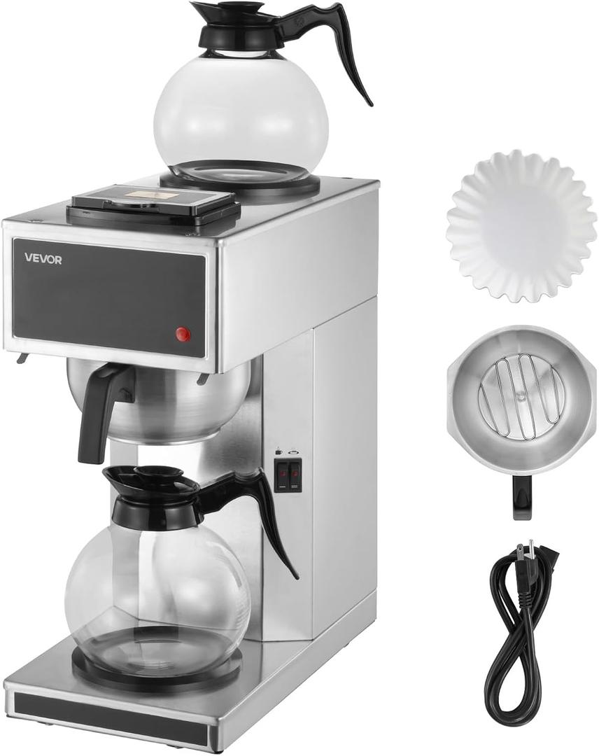 VEVOR Commercial Drip Coffee Maker, 12 Cups Coffee-Maker Machine with 2 Glass Carafes and 2 Decanter Warmer Plates, Stainless Steel Drip Style Coffee Brewer, for Restaurant, Office, Coffee Shop & Home (EXP 12/31/27)