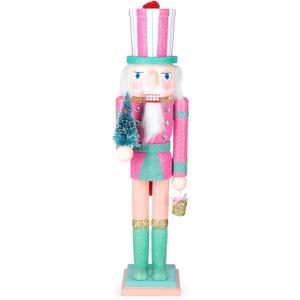 Christmas Nutcracker Ornament 15inch King Soldier Nutcracker Suitable for Table, Fireplace Decoration Christmas Party Supplies (Pink Holding Christmas Tree)
