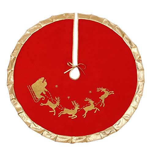 Red Christmas Tree Skirt with Gold Rim 48",Flannelette Santa Reindeer Xmas Party Holiday Decorations for 7Ft/7.5Ft/8Ft Christmas Tree (Red, 48")