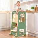 WINGYZ Toddler Tower - Anti-Tip Natural Wood Learning Stool Helper for Kids 18M-6Y, 150lb Capacity Kitchen Stool with 3-Height Adjustable Platform and Sliding Door Access, 20lb Portable Design, Green