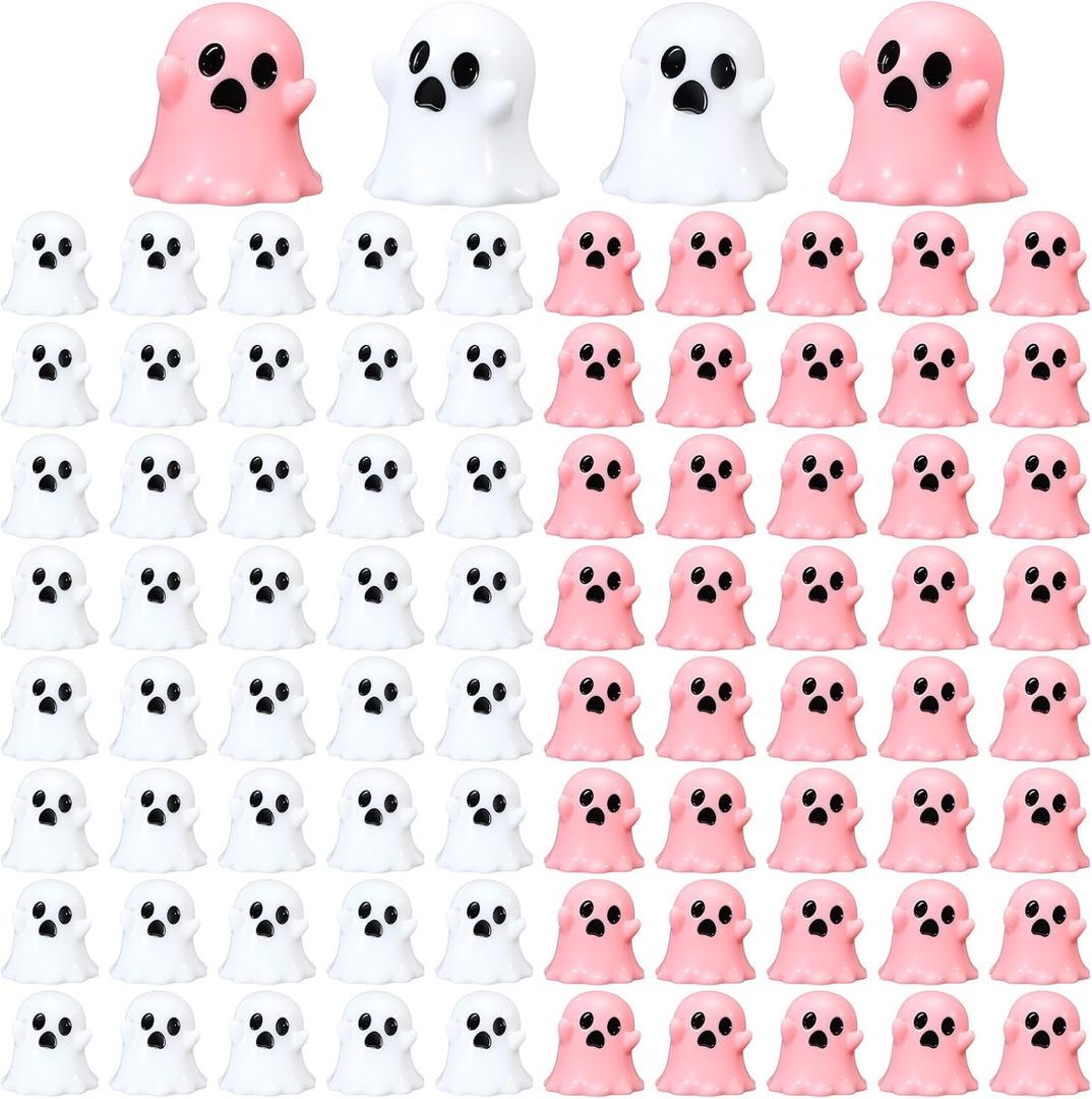 Suzile 100 Pcs Halloween Mini Resin Ghost Cute Miniature Small Ghost Figurines Colorful Halloween Spooky Decorations Garden Decor Micro Statue for Party Favors Gifts (White, Pink)