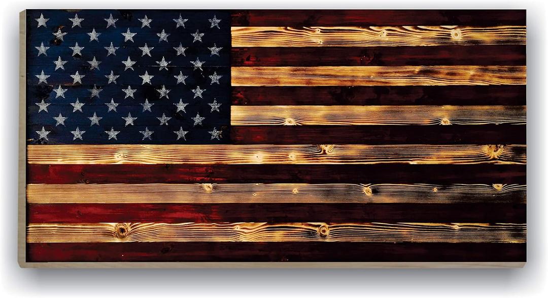 BackYardGamesUSA Rustic American Flag Wall Art Decor 24x48 – Patriotic Wood Wall Decor, All Weather Indoor Outdoor Wall Hanging for Living Room, Garage, Patio, Office