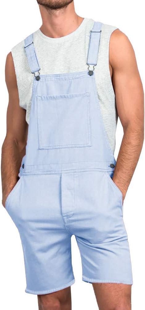 Runcati Mens Casual Bib Overall Shorts Lightweight Cotton Loose Fit Denim Jumpersuit Walkshort Pockets Rompers (Small, Blue)