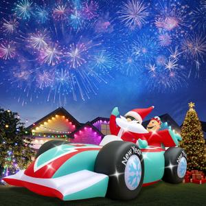 10FT Giant Christmas Inflatables Outdoor Decorations Xmas Racing Car Blow Up Yard Decorations with Built-in LED Lights for Garden Lawn Outdoor Yard Winter Holiday