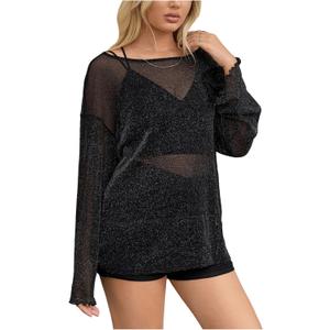 MakeMeChic Women's Mesh Sheer Bell Sleeve T Shirt Sparkly Lettuce Trim Y2k Tee Tops (XS)