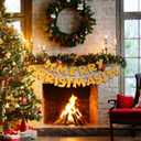 Merry Christmas Banner Golden Metal Christmas Garland Sign with Bows Xmas Retro Style Party Decorations Photo Prop Holiday Decor for Home Office Fireplace Mantle Farmhouse Hanging Wall