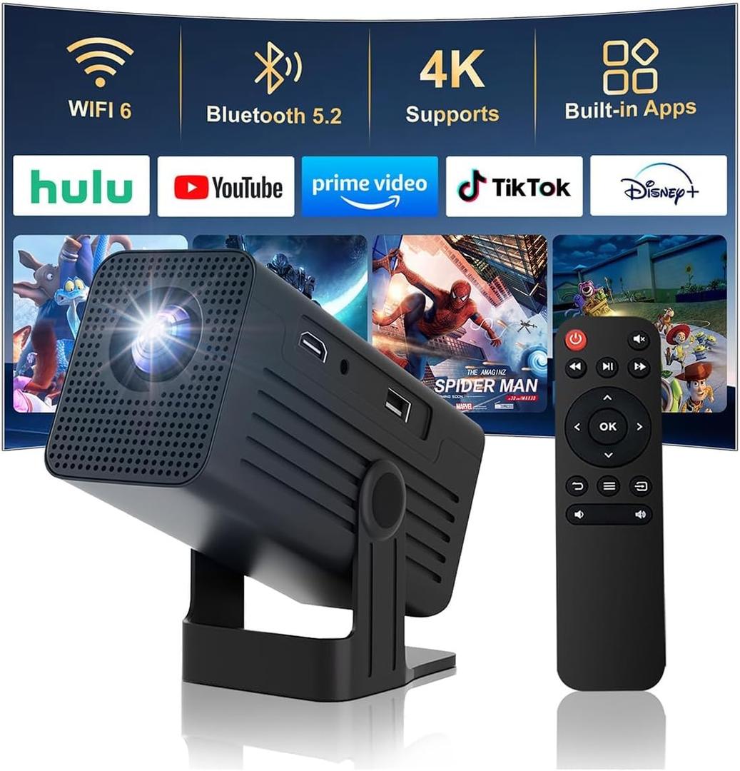 Mini Projector with WiFi and Bluetooth,4K Support 260 ANSl Smart Portable Projector,Auto Keystone, 135 Degree Rotation,Video projector for Home, Bedroom, Outdoor