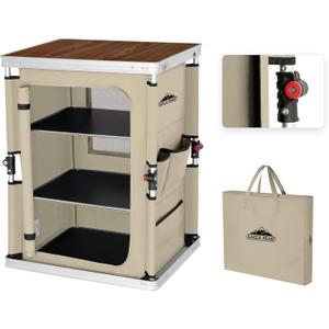 EAGLE PEAK Outdoor Folding Camping Table with Large 3-Tier Storage Organizer and Side Pockets, Easy Set Up Portable Aluminum Camping Kitchen, Beige (18.9 x 23.6 x 31.5 IN)
