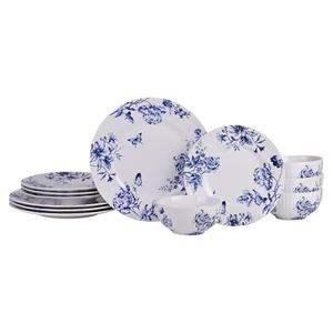 222 Fifth 12-Piece Porcelain Dinnerware Set for 4, White & Blue Plates and Bowls Set, Glossy Ceramic Dish Set with Embossed Toile Pattern, Elegant Kitchen Dishes, Microwave & Dishwasher Safe, Cassian