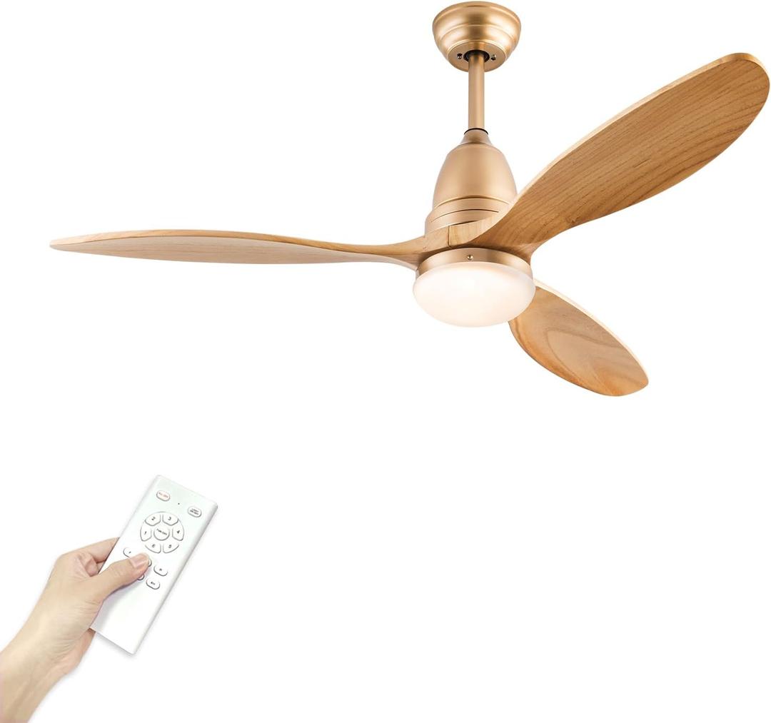 52 inch Champagne Gold Luxury Style Ceiling Fan with Light Solid Wood Blade Noiseless Reversible Motor Dimmable Light Memory Living Room and Bedroom Ceiling Fan (Golden04) (Gold)
