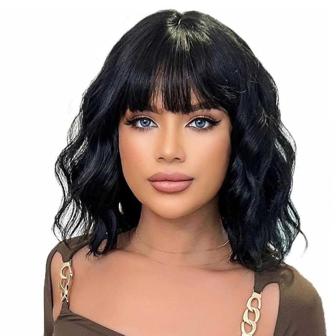 MOSINA Black Bob Wig for Women Short Wig with Bangs for Women Cosplay Wig Synthetic Wigs Halloween Wigs (12 Inch)