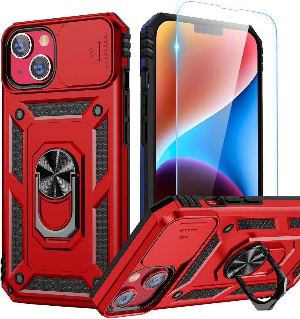Goton for iPhone 14 Plus Case with Screen Protector - Slide Camera Cover Phone Case with Ring Stand, Heavy Duty Military Grade Shockproof Rugged Bumper for iPhone 14 Plus Accessories Red