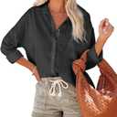 Pausus Women Cotton Linen Button Down Shirts Long Sleeve Office Collared Blouses V Neck Casual Tops Loose Fit with Pocket (Large, Black)