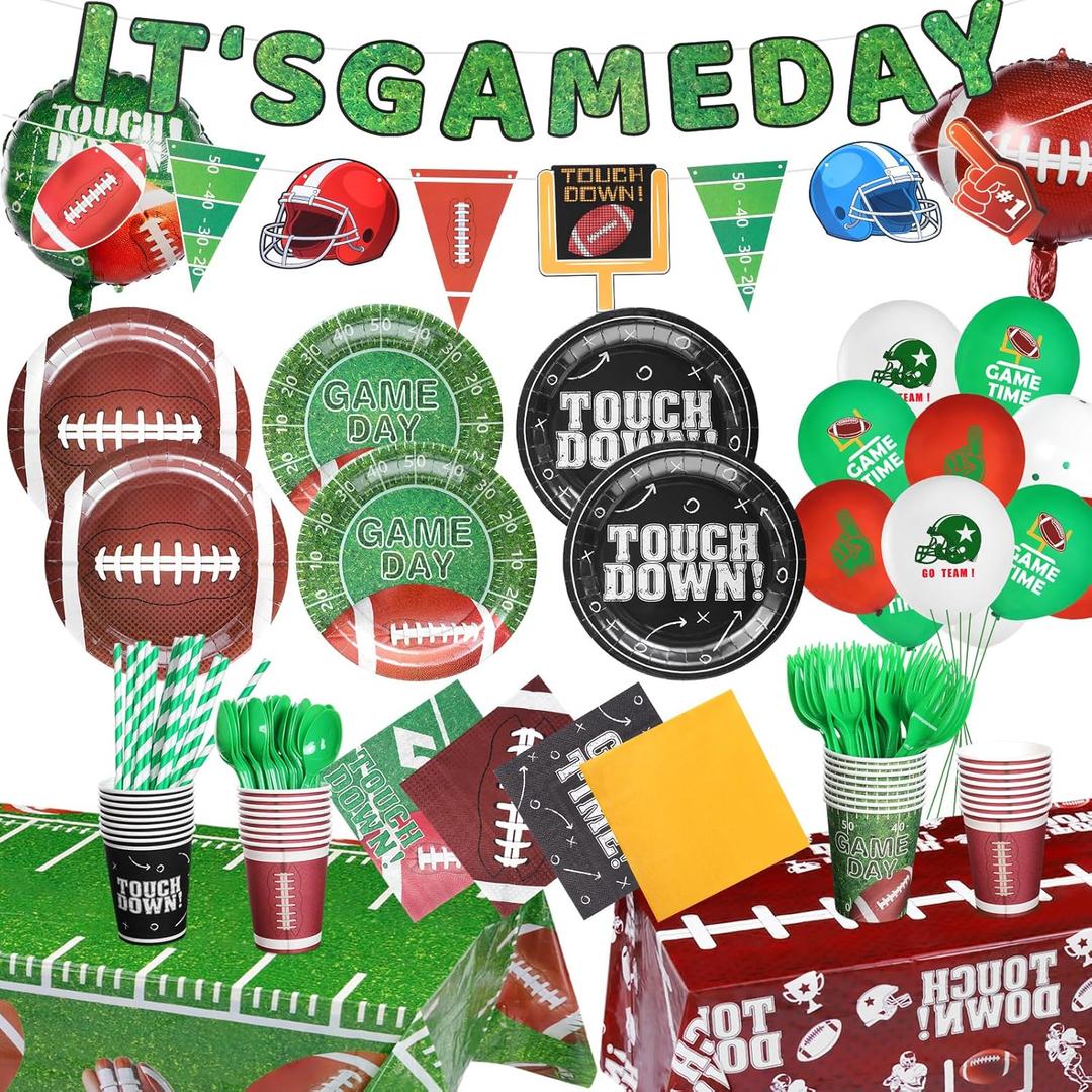 Football Birthday Party Decorations Tableware Set Football Party Supplies with Banners Paper Plates and Napkins Tablecloth Cups Tissue Balloon Forks Spoons Straws for Birthday Decor Serve 24 (Style 1)